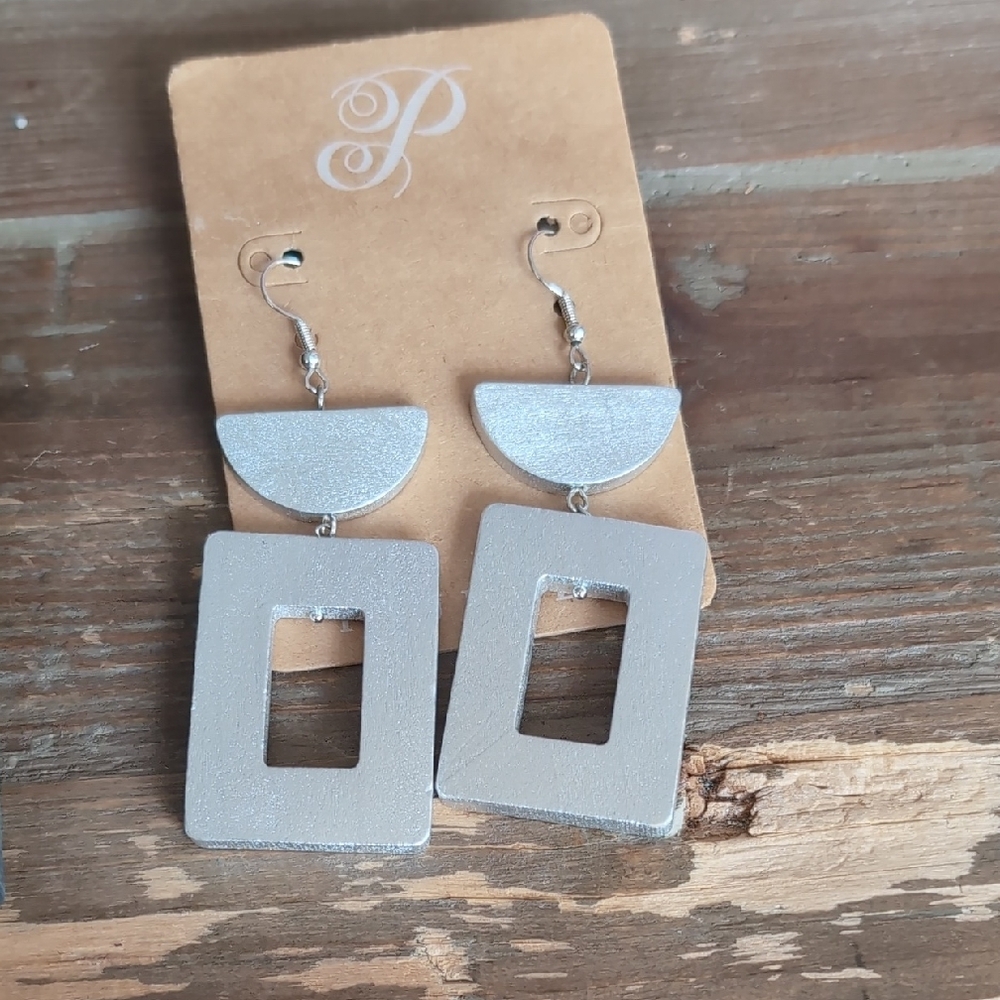 Silver Geometric Wood Dangle Earrings